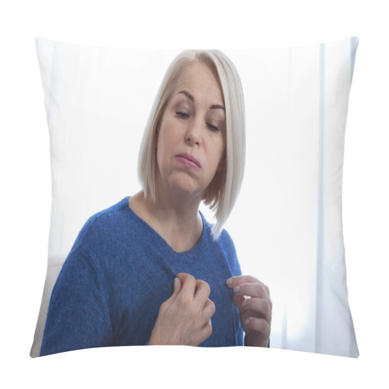 Personality  A Woman In An Uncomfortable Position Due To The Discomfort Of Menopausal Hot Flushes. Mature Woman Experiencing Hot Flush From Menopause At Home Pillow Covers