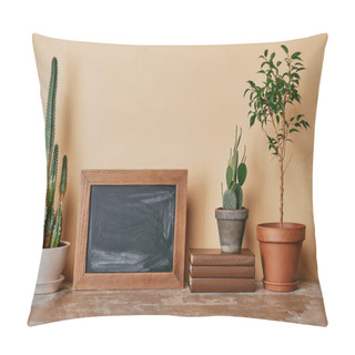 Personality  Different Plants, Wooden Photo Frame And Books On Beige Background Pillow Covers