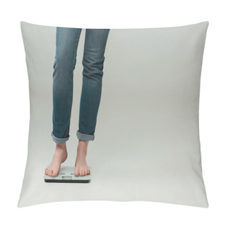 Personality  Cropped View Of Plus Size Girl In Jeans Standing On Scales On Grey Pillow Covers