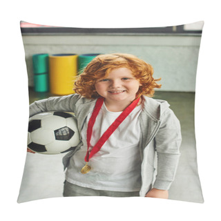 Personality  Vertical Shot Of Pretty Red Haired Boy With Golden Medal Holding Soccer Ball And Smiling Joyfully Pillow Covers
