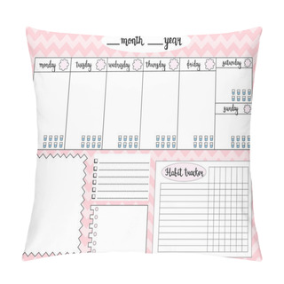 Personality  Empty Weekly Planner With Water Level Tracker, Space For Notes, To Do List And Habit Tracker, Pink Chevron Background. Schedule And Organizer Template. Vector Illustration Pillow Covers
