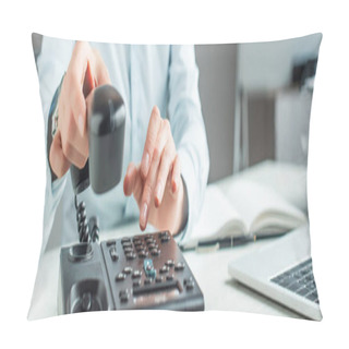 Personality  Cropped View Of Businesswoman With Handset Dialing Number On Landline Telephone On Blurred Background, Banner Pillow Covers