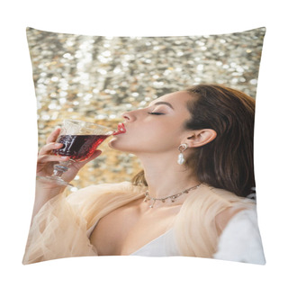 Personality  Seductive Woman In Chiffon Dress Drinking Red Wine On Glitter Silver Background Pillow Covers