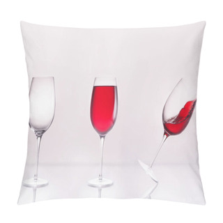 Personality  Empty Wineglass With Full And Inclined In Row On Reflective Surface And On White Pillow Covers