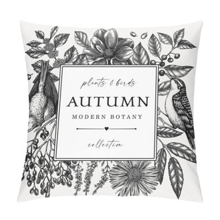 Personality  Hand Sketched Autumn Retro Design With Birds. Elegant Botanical Square Template With Autumn Leaves, Berries, Flowers And Birds Sketches. Perfect For Invitation, Cards, Flyers, Menu, Label, Packaging.  Pillow Covers