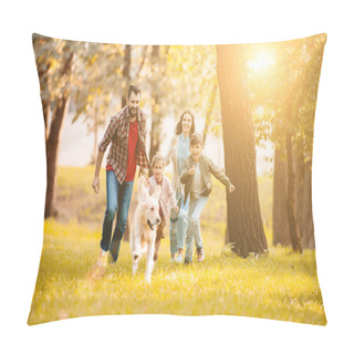Personality  Front View Of Smiling Couple And Children Running With Golden Retriever In Park  Pillow Covers