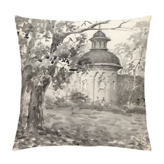 Personality  Watercolor Monochrome Landscape With Fortress Wall Tower Of The Monastery In The City Of Novgorod Siversky  Pillow Covers