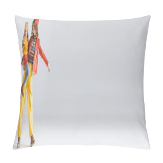 Personality  Mother And Daughter In Colorful Red And Yellow Outfits On Grey Background, Panoramic Shot Pillow Covers