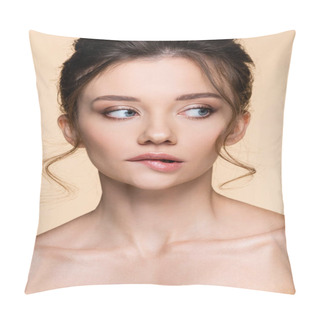 Personality  Young Woman With Naked Shoulders Biting Lip Isolated On Beige  Pillow Covers