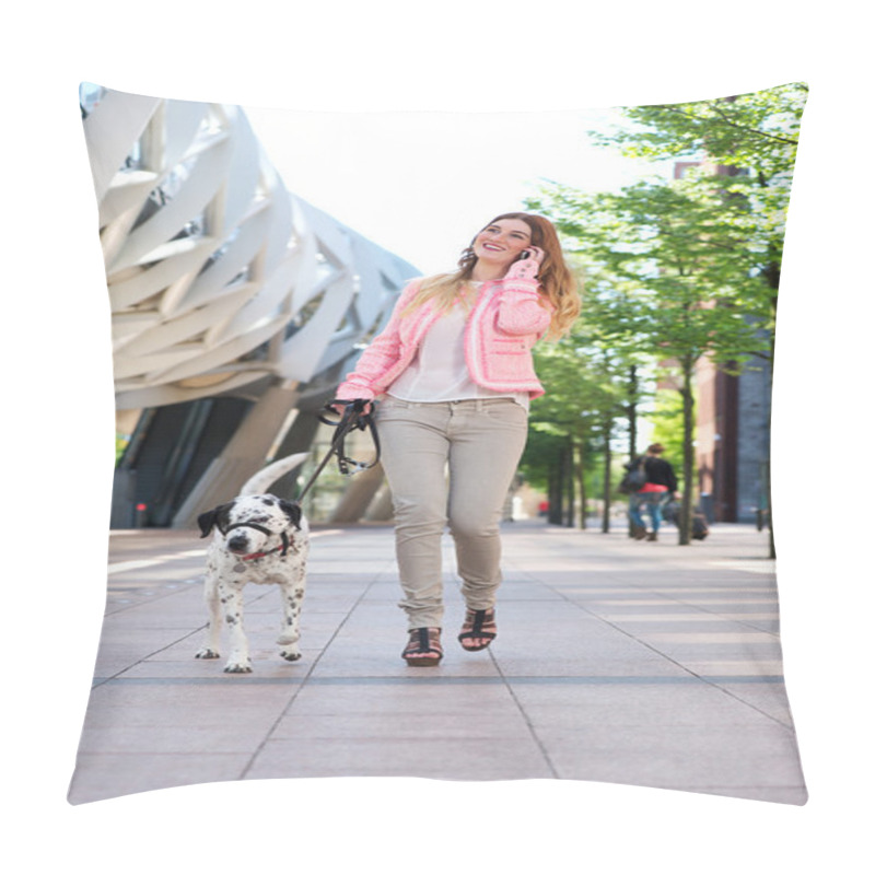 Personality  Woman Walking Her Dog And Talking On Cellphone In The City Pillow Covers