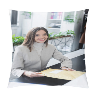 Personality  Smiling Businesswoman Holding Parcel And Looking At Camera In Office  Pillow Covers