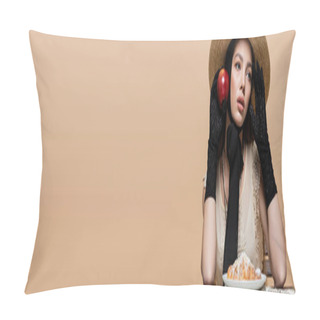 Personality  Trendy Model In Gloves And Straw Hat Holding Apple Near Croissant Isolated On Beige, Banner  Pillow Covers