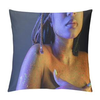 Personality  Partial View Of Young And Bare-chested African American Woman In Radiant And Colorful Neon Body Paint Covering Breast With Hands On Blue Background With Yellow Lighting Effect Pillow Covers