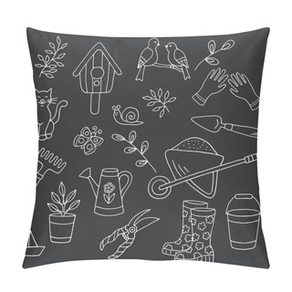 Personality  Vector Bright Spring Hand Drawn Seamless Pattern With A Set Of Garden Tools, Plants And Animals On A Dark Background, White Outline On A Black Background, For The Design Of Books, Stickers, Packaging Covers, And Textile Prints Pillow Covers