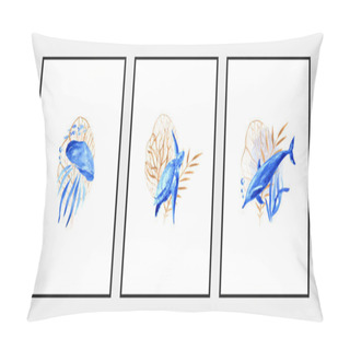 Personality  Ocean Life. Set Of Blue Posters With Ocean Watercolor Motives. Pillow Covers