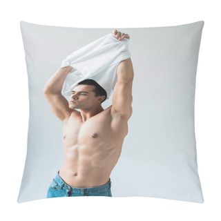 Personality  Muscular And Handsome Man Taking Off White T-shirt While Standing On White  Pillow Covers