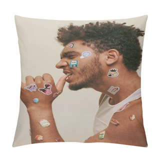 Personality  Side View Of African American Man With Stickers On Face Looking At Camera On Grey Background Pillow Covers