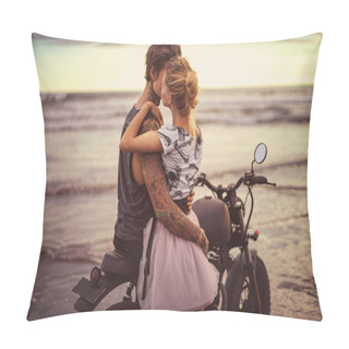 Personality  Passionate Couple Hugging On Motorcycle On Ocean Beach During Beautiful Sunrise  Pillow Covers