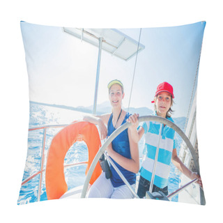 Personality  Boy Captain With His Sister On Board Of Sailing Yacht On Summer Cruise. Travel Adventure, Yachting With Child On Family Vacation. Pillow Covers
