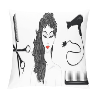 Personality  Set Black And White - Woman With A Stylish Haircut, Hairdryer, Combs, Scissors - Isolated - Flat Style - Vector Pillow Covers