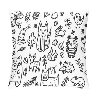 Personality  Doodle Background With Forest Animals: Desman, Fox, Bird, Hedgehog, Butterfly, Hare, Rabbit, Deer, Squirrel Owl, Bear, Boar, Deer, Roe Deer, Mouse Pillow Covers