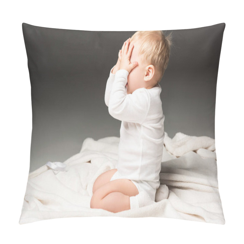 Personality  Side View Of Cute Child Covering Face And Kneeling On Blanket Isolated On Black  Pillow Covers