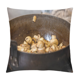 Personality  In This Image, Quartered Mushrooms Are Being Sauteed In A Seasoned Cast Iron Skillet, With A Focus On The Glistening Vegetables Indicating They Are Being Cooked To Perfection. The Background Is Softly Pillow Covers