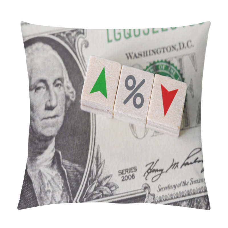 Personality  Concept Idea Of FED, Federal Reserve System Is The Central Banking System Of The United States Of America And Change Interest Rates. Percentage Icon And Arrow Symbol On Wooden Cube Pillow Covers