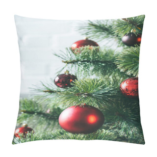 Personality  Close Up View Of Red Christmas Balls On Christmas Tree Pillow Covers