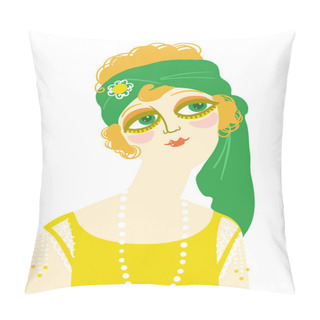 Personality  Vintage Woman Portrait In 1920s Style Fashion With Green Head Accessories. Vector Retro Style Flapper Girl With Blondy Hairdo And Beads Pillow Covers