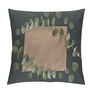 Personality  Top View Of Blank Paper Envelope With Eucalyptus Branches Over Black Background Pillow Covers