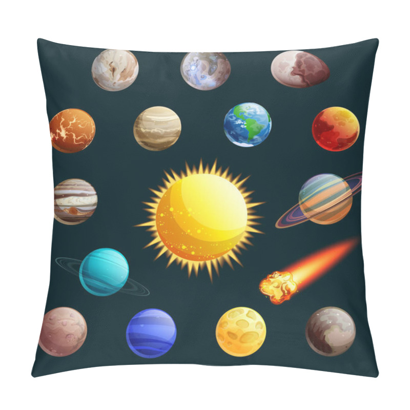 Personality  Solar System Vector Illustration. Sun, Planets, Satelites Cartoon Space Icons And Design Elements. Pillow Covers