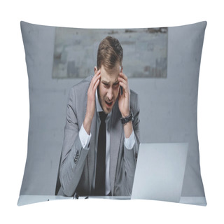 Personality  Upset Businessman In Suit Touching Head While Having Migraine In Office Pillow Covers