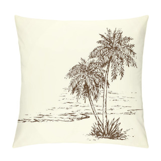 Personality  Summertime Exotic Scenic View With Space For Text On White Sky Backdrop. High Lush Coconut Palmtree Plant On Bay. Freehand Ink Hand Drawn Picture Sketchy In Art Retro Scribble Etch Style Pen On Paper Pillow Covers