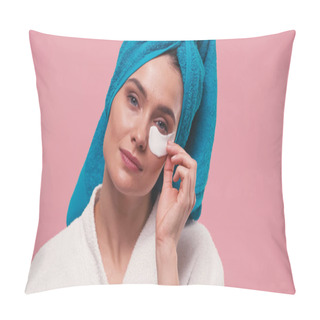 Personality  Woman With Blue Towel On Head Removing Eye Patch Isolated On Pink Pillow Covers
