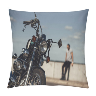 Personality  Selective Focus Of Classical Chopper Motorbike And Man On Background Pillow Covers
