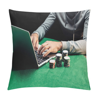 Personality  Cropped View Of Man Typing On Laptop Near Poker Chips  Pillow Covers