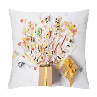 Personality  Top View Of Gift Box And Scattered Confetti Pieces On White Surface Pillow Covers