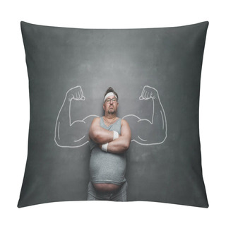 Personality  Funny Sports Nerd With Huge Muscle Arms Drawn On The Gray Background With Copy Space  Pillow Covers