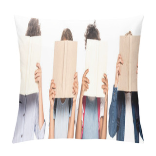 Personality  Horizontal Image Of Multicultural Schoolgirls And Schoolboys Covering Faces With Books Isolated On White  Pillow Covers