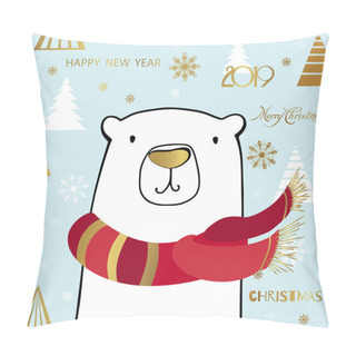 Personality  Cute Polar Bear With Merry Christmas Inscription. Winter Greeting Card Of A Cute Hand Drawn Polar Bear With Calligraphy Phrases. New Year Card Template Pillow Covers