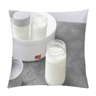 Personality  Homemade Yogurt Making, Glass Jars With Kefir. Fermented Dairy Product Made In Yogurt Making Machine. Probiotic Food For Gut Health. Good Digestion Concept.  Pillow Covers