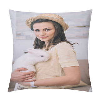 Personality  Young Stylish Woman In Hat Holding Cute White Rabbit Pillow Covers