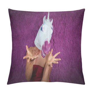 Personality  Funny Girl Unicorn Is Very Surprised And Gesticulating. Freaky Young Woman Pillow Covers