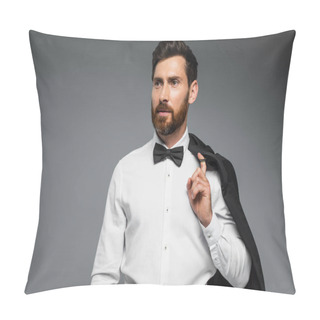 Personality  Bearded Man In White Shirt With Black Bow Tie Holding Blazer Isolated On Grey  Pillow Covers