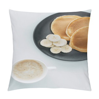 Personality  Top View Of Pancakes With Sliced Banana And Cup Of Coffee On White Table Pillow Covers