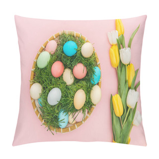 Personality  Top View Of Tulips, Wicker Plate With Grass And Easter Eggs Isolated On Pink Pillow Covers
