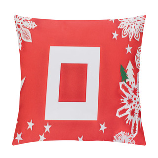 Personality  White Frame With Christmas Trees, Stars And Paper Snowflakes Around, Isolated On Red   Pillow Covers