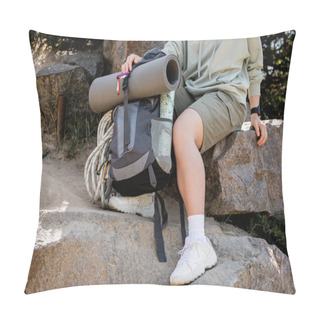Personality  Cropped View Of Young Woman In Casual Clothes Sitting Near Backpack With Map And Climbing Rope On Stones And Hill At Nature, Tranquil Hiker Finding Inner Peace On Trail, Summer Pillow Covers