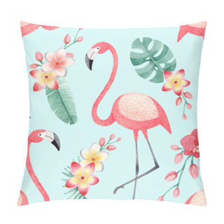 Personality  Watercolor Illustrations Of Flamingos, Tropical Flowers And Leaves. Seamless Tropical Pattern Pillow Covers